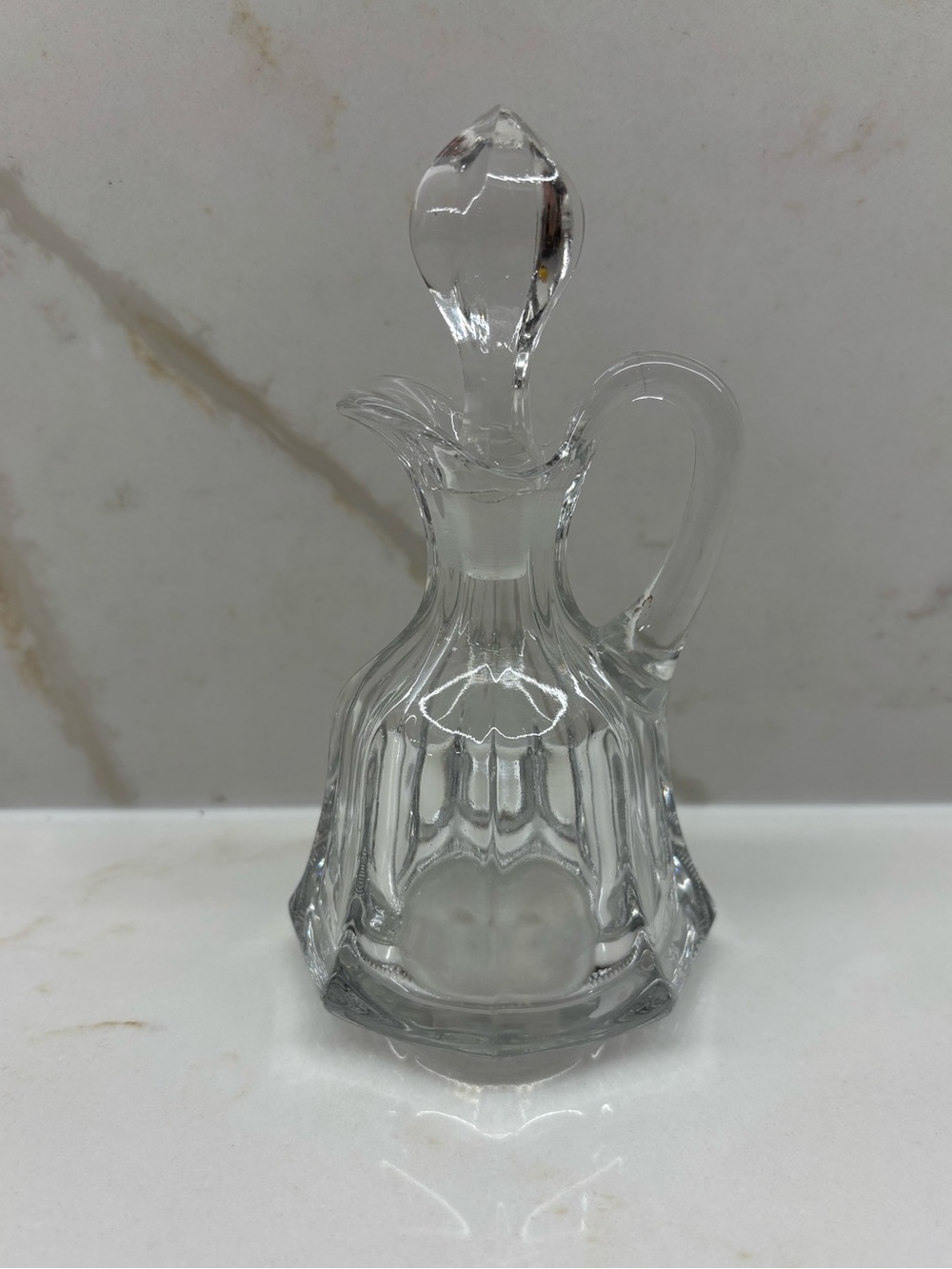 Vintage Clear Glass Cruet with Stopper Paneled Hexagonal Oil & Vinegar Bottle